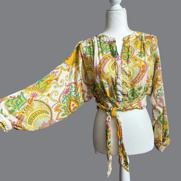 Haute Hippie Boho Paisley Print Long Bishop Sleeve Wrap Crop Top Retro Vibes S - Picture 1 of 8